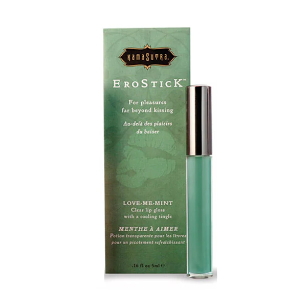 Kama Sutra Erostick Love-Me-Mint clear lip gloss in a green tube.