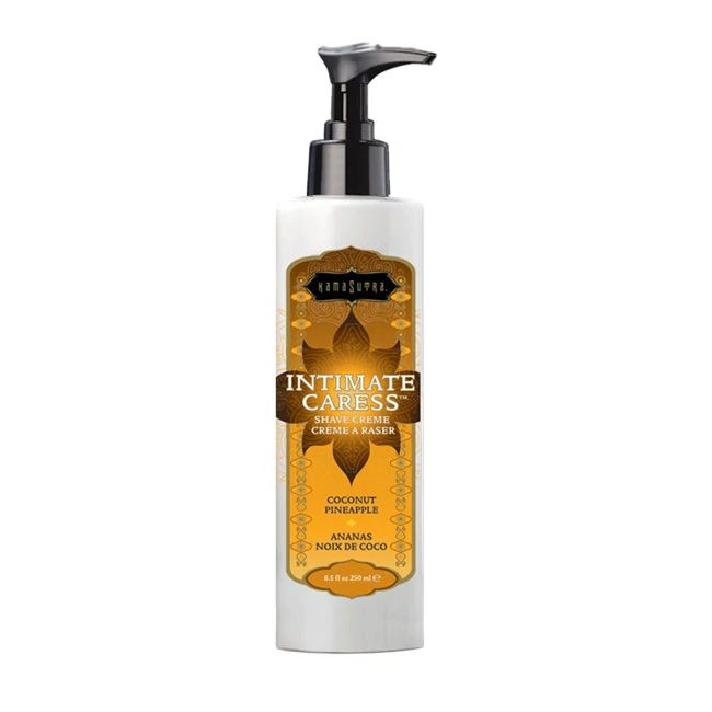 Kama Sutra Coconut Pineapple Intimate Caress Shave Creme in a white pump bottle.