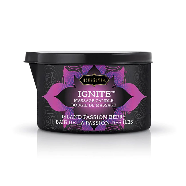 Kama Sutra Ignite Island Passion Berry massage candle in a black tin.