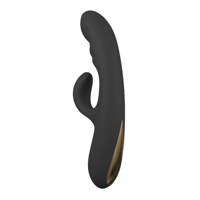 A black vibrator with a curved shape and gold accent.