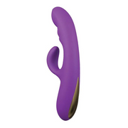 Purple vibrator with a curved shape and gold accent.