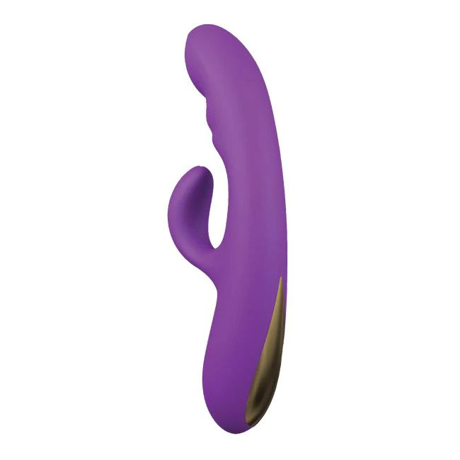 Purple vibrator with a curved shape and gold accent.
