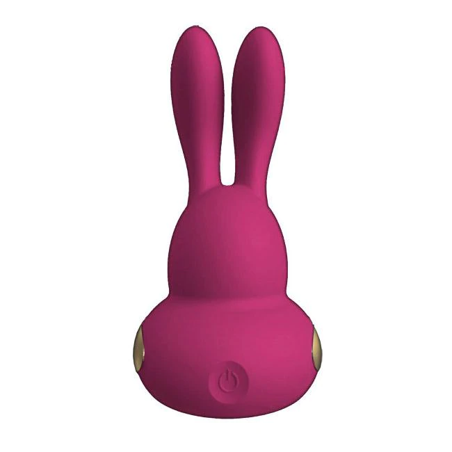 A pink bunny-shaped vibrator with gold accents and a power button.