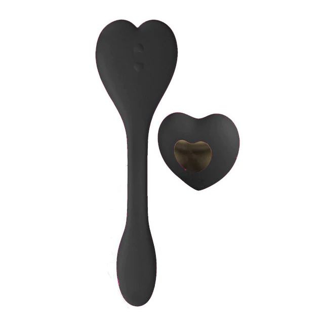 A black heart-shaped remote and a matching wand-shaped massager.
