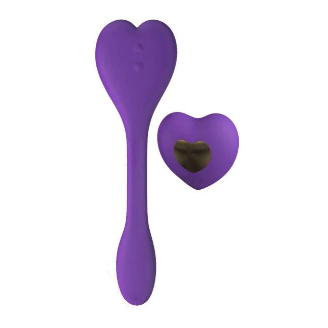 Purple heart-shaped massager with a remote control.