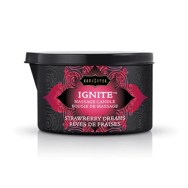 Kama Sutra Ignite Strawberry Dreams massage candle in a black tin.