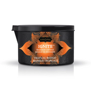 Kama Sutra Ignite Tropical Mango massage candle in a black tin.