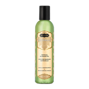 Kama Sutra Naturals Vanilla Sandalwood massage oil in a green bottle.