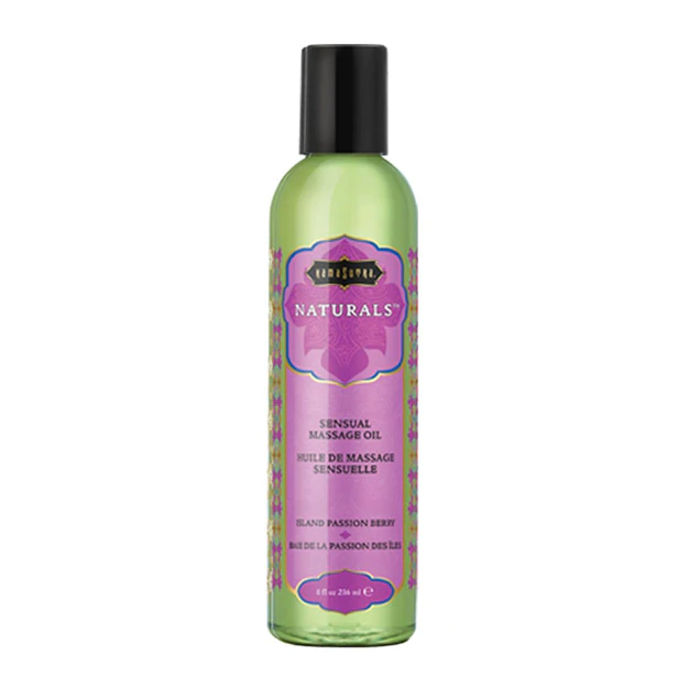 Kama Sutra Naturals Island Passion Berry massage oil in a green bottle.