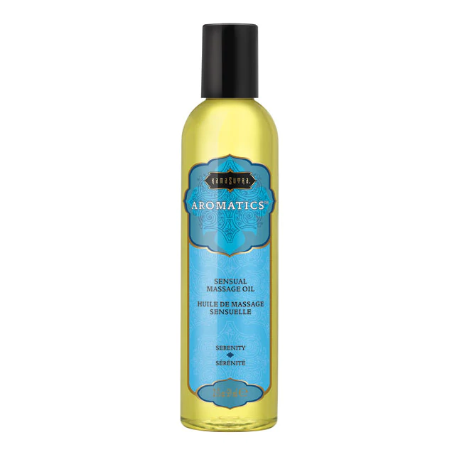 Kama Sutra Serenity Aromatics massage oil in a clear bottle with a blue label.