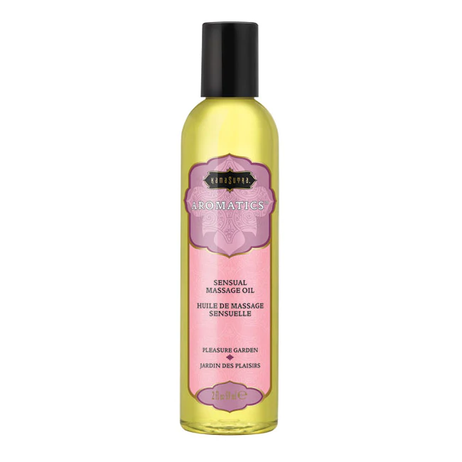 Kama Sutra Aromatics Sensual Massage Oil in a clear bottle with a pink label.