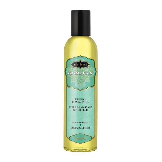Kama Sutra Aromatics Sensual Massage Oil in a clear bottle with a black cap.