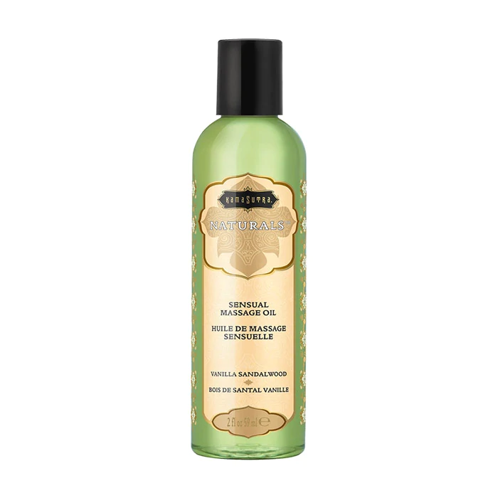Kama Sutra Vanilla Sandalwood sensual massage oil in a green bottle.
