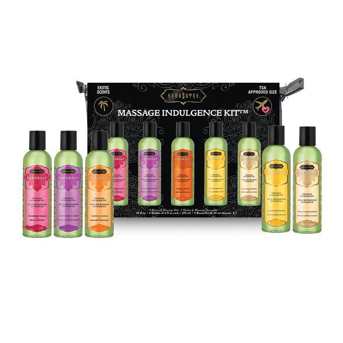 Kama Sutra Naturals massage oil travel kit with five TSA-approved bottles.
