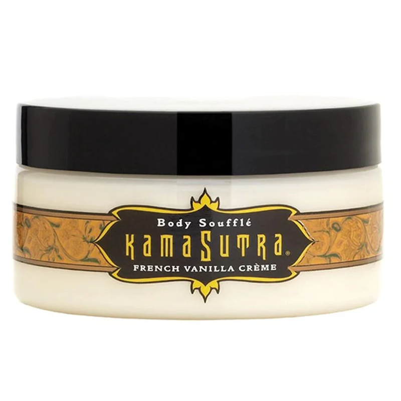 Kama Sutra French Vanilla Body Soufflé in a white jar with a black lid.