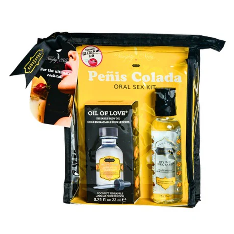 Penis Colada Oral Sex Kit with two bottles and a tag.