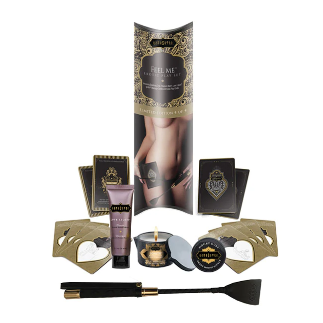 Kama Sutra erotic spanking crop and sensual body care playset with cards.