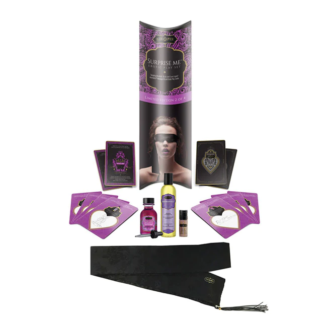 Kama Sutra erotic playset with blindfold, massage oils, and play cards.