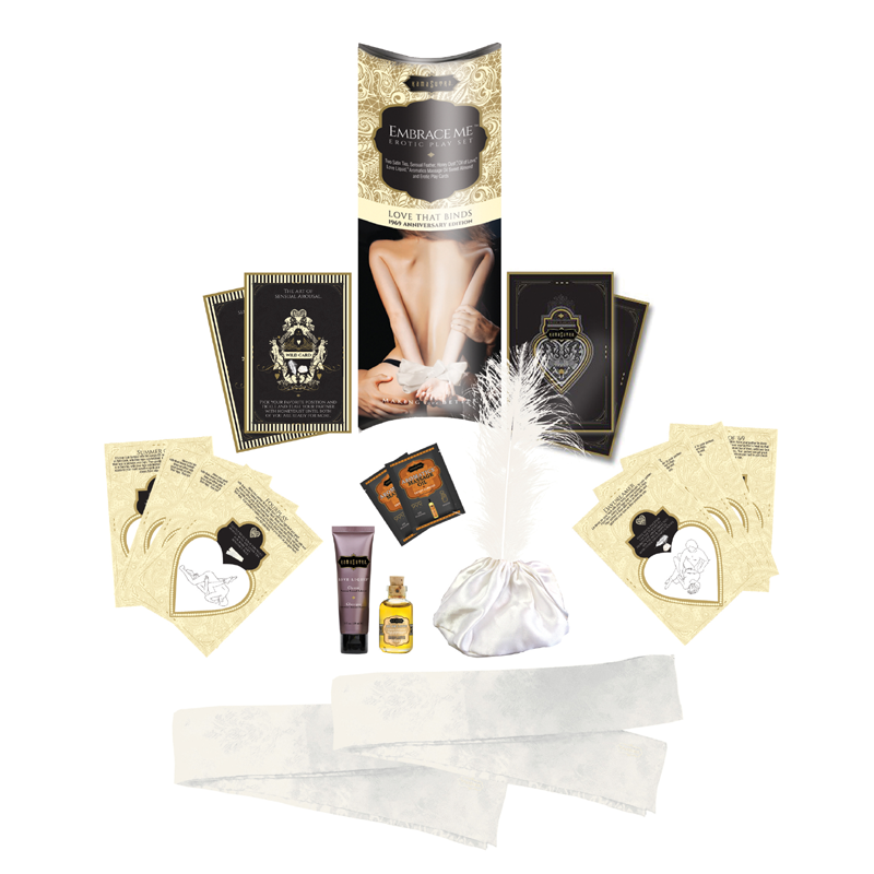 Embrace Me Erotic Playset with satin ties, lube, and Kama Sutra cards.