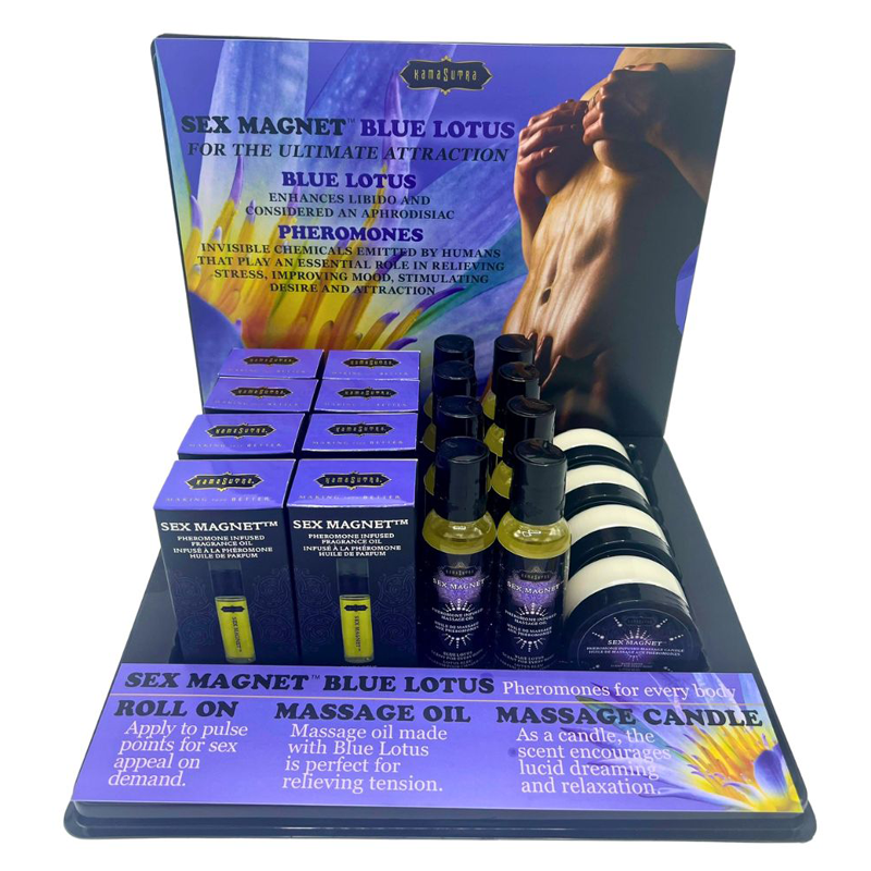 Kama Sutra Blue Lotus pheromone fragrance and massage oil display.