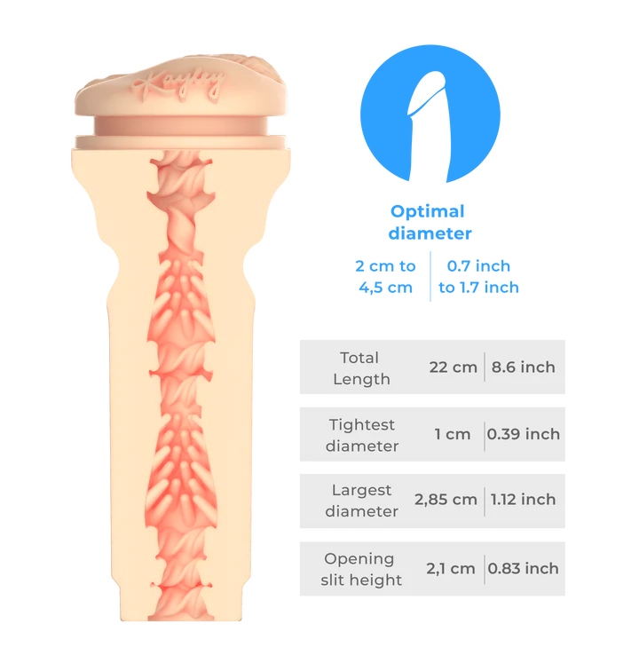 A peach-colored stroker with internal ridges and a textured opening, with dimensions listed.