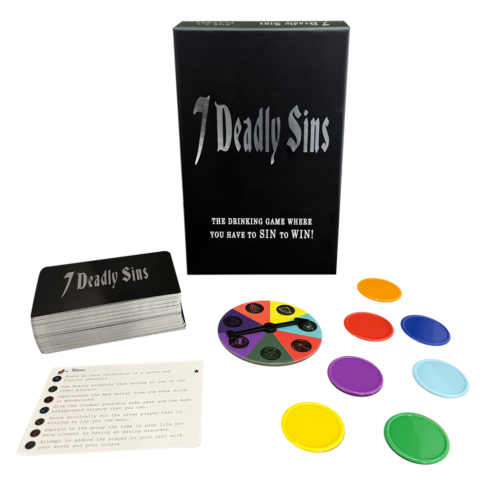 7 Deadly Sins drinking game with cards, spinner, and colored chips.