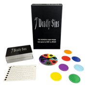 7 Deadly Sins drinking game with cards, spinner, and colored chips.