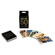 Hustler 50th Anniversary nude playing cards with a deck and four cards displayed.