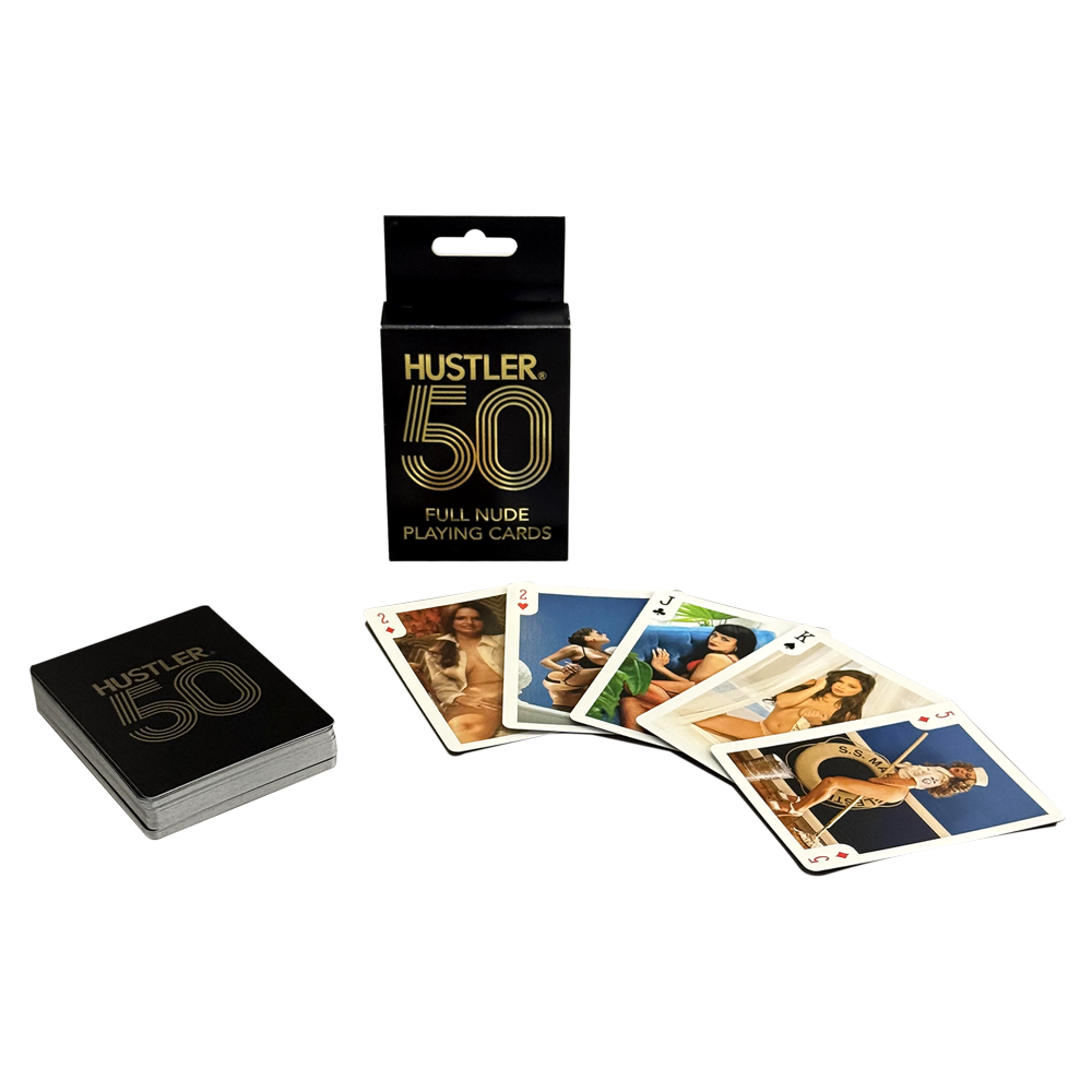 Hustler 50th Anniversary nude playing cards with a deck and four cards displayed.