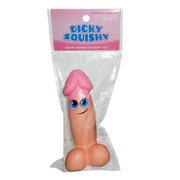 A pink, banana-scented squishy toy shaped like a penis with a face.