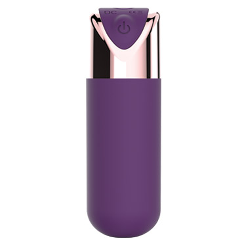 Purple silicone bullet vibrator with a rose gold metallic top and power button.