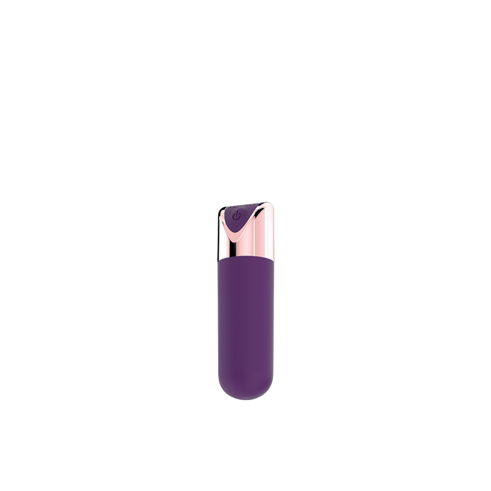Purple silicone bullet vibrator with rose gold accents and a power button.