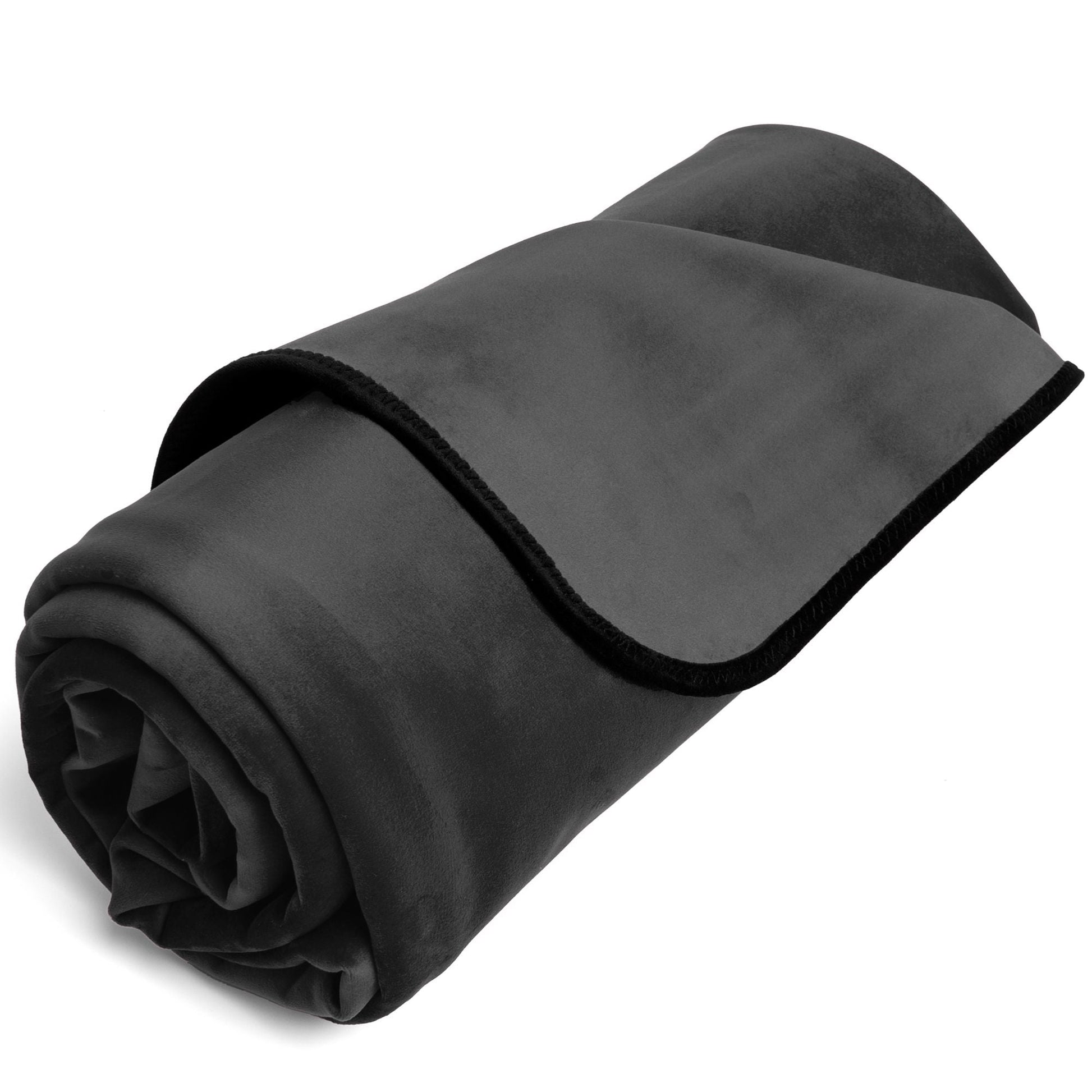 A black waterproof travel throw blanket rolled up.