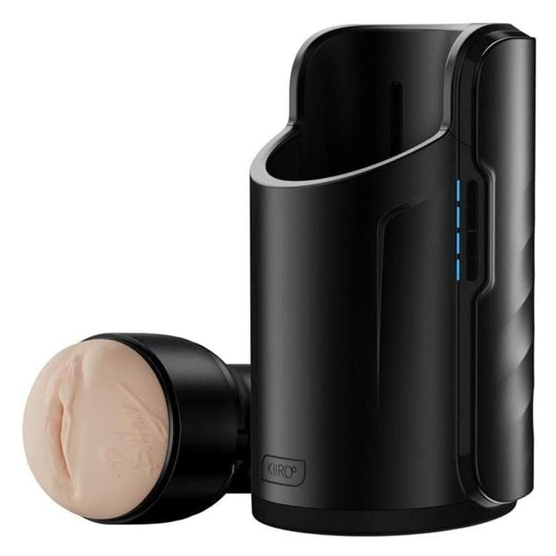 Black interactive masturbator with a beige stroker attachment.