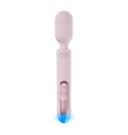 A pink silicone wand vibrator with a logo and control buttons.