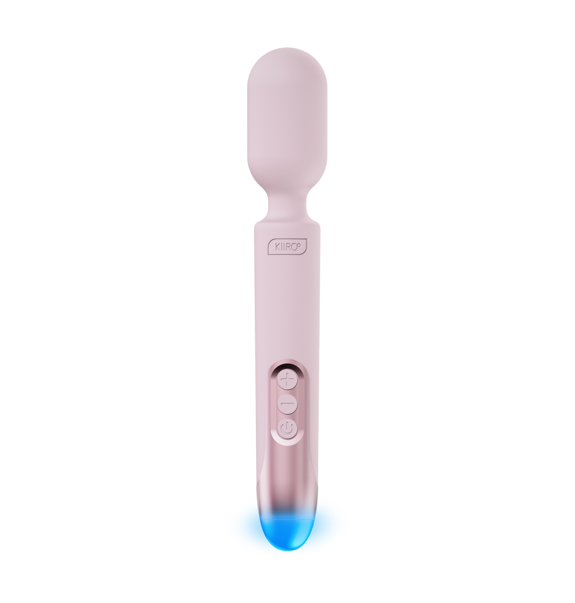 A pink silicone wand vibrator with a logo and control buttons.