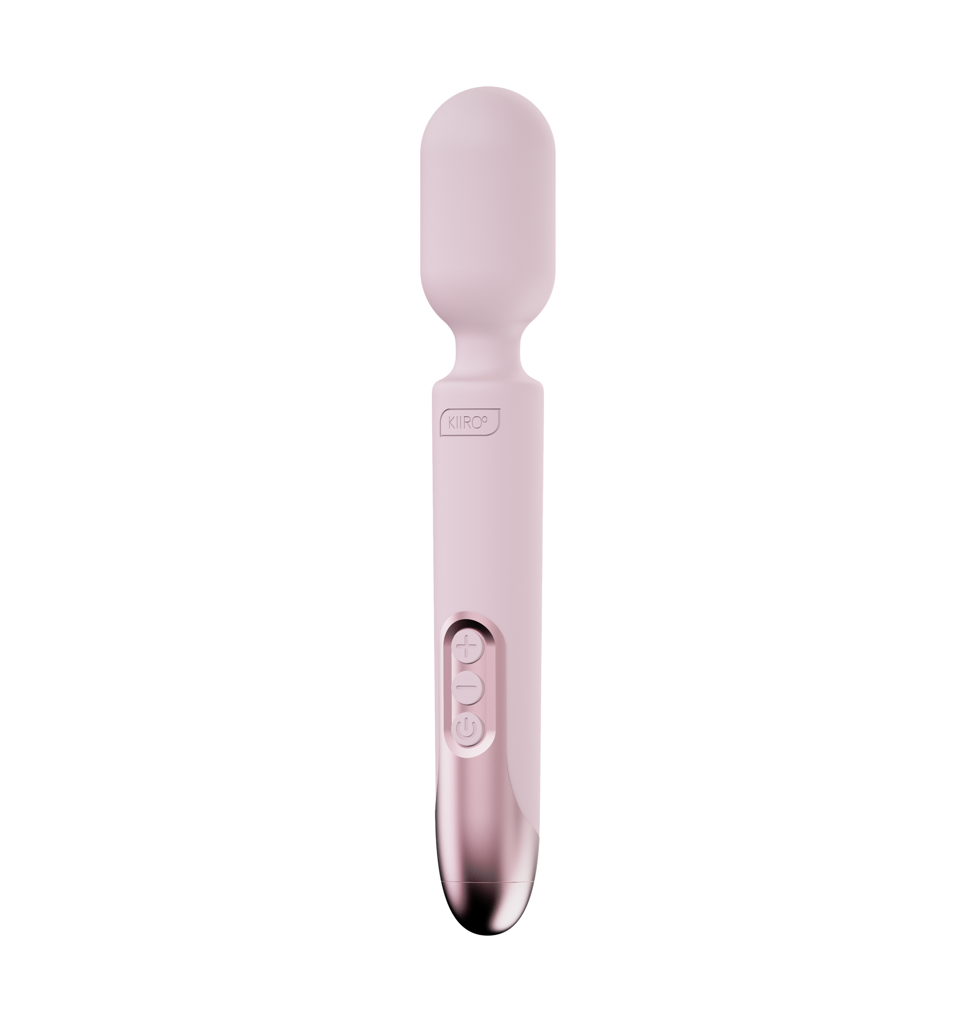 A pink silicone wand vibrator with a metallic rose gold base and control buttons.