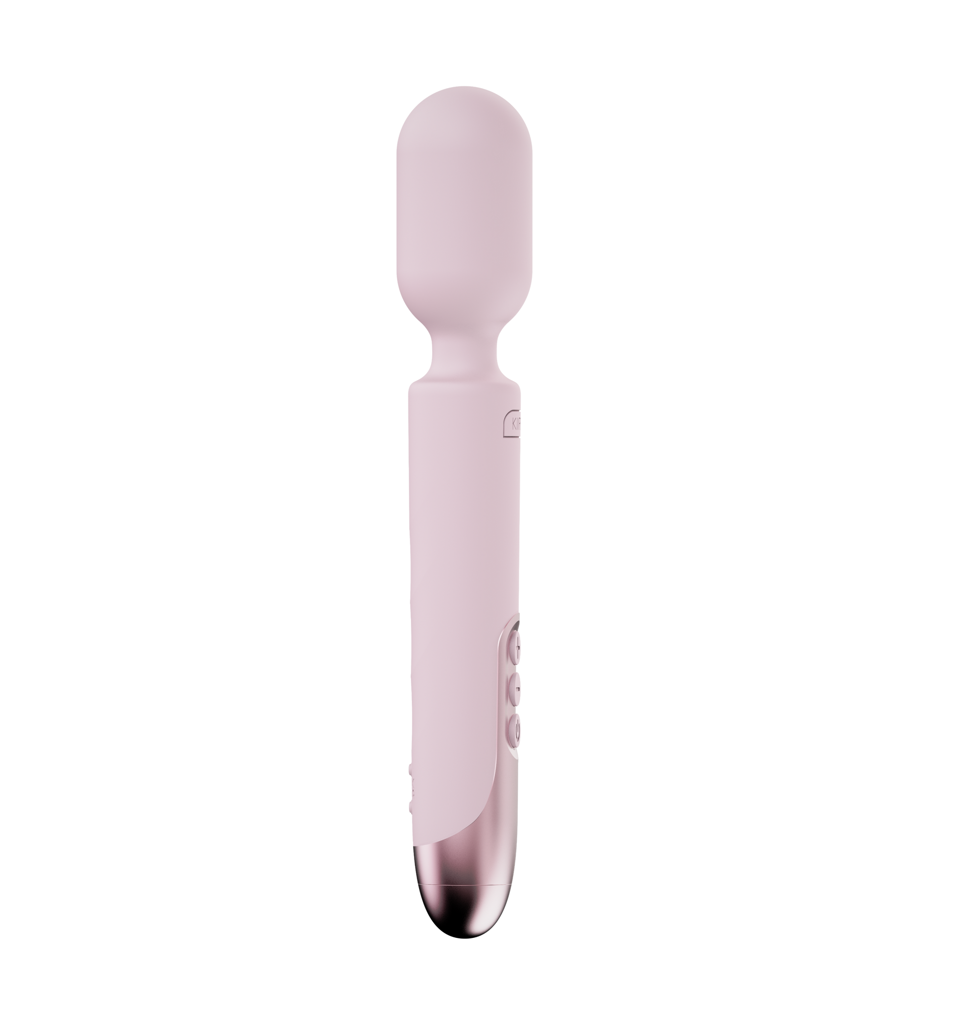 A pink silicone wand vibrator with a rose gold tip and buttons.