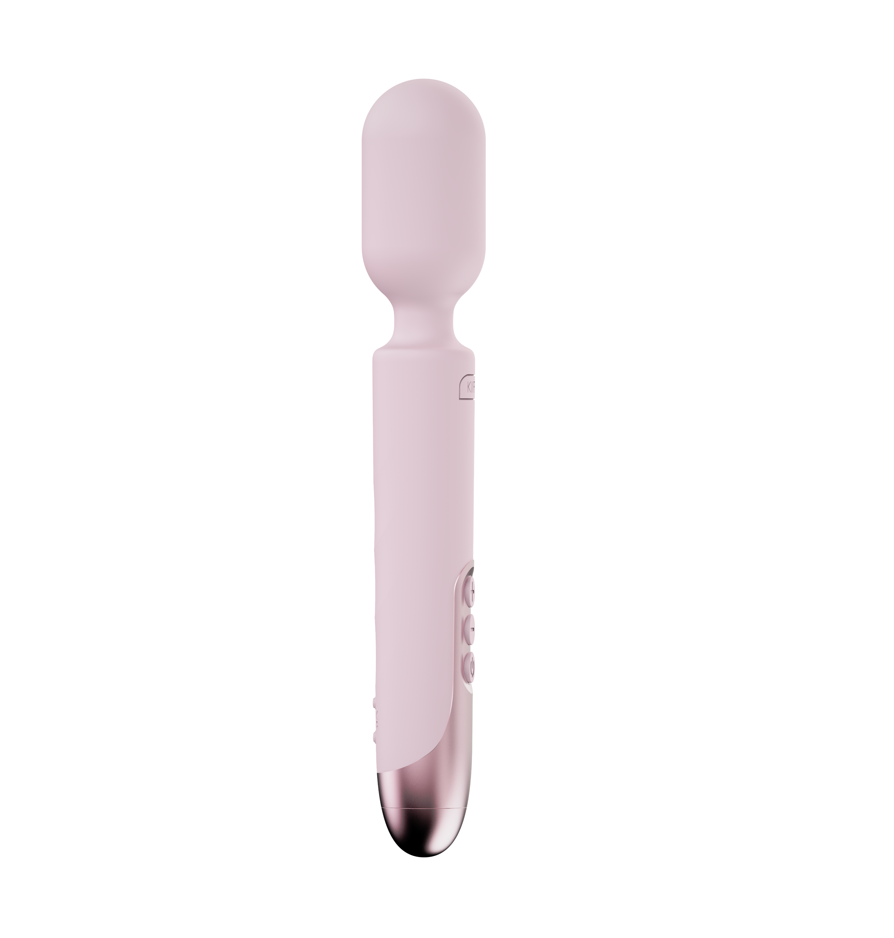 A pink silicone wand vibrator with a rose gold tip and buttons.