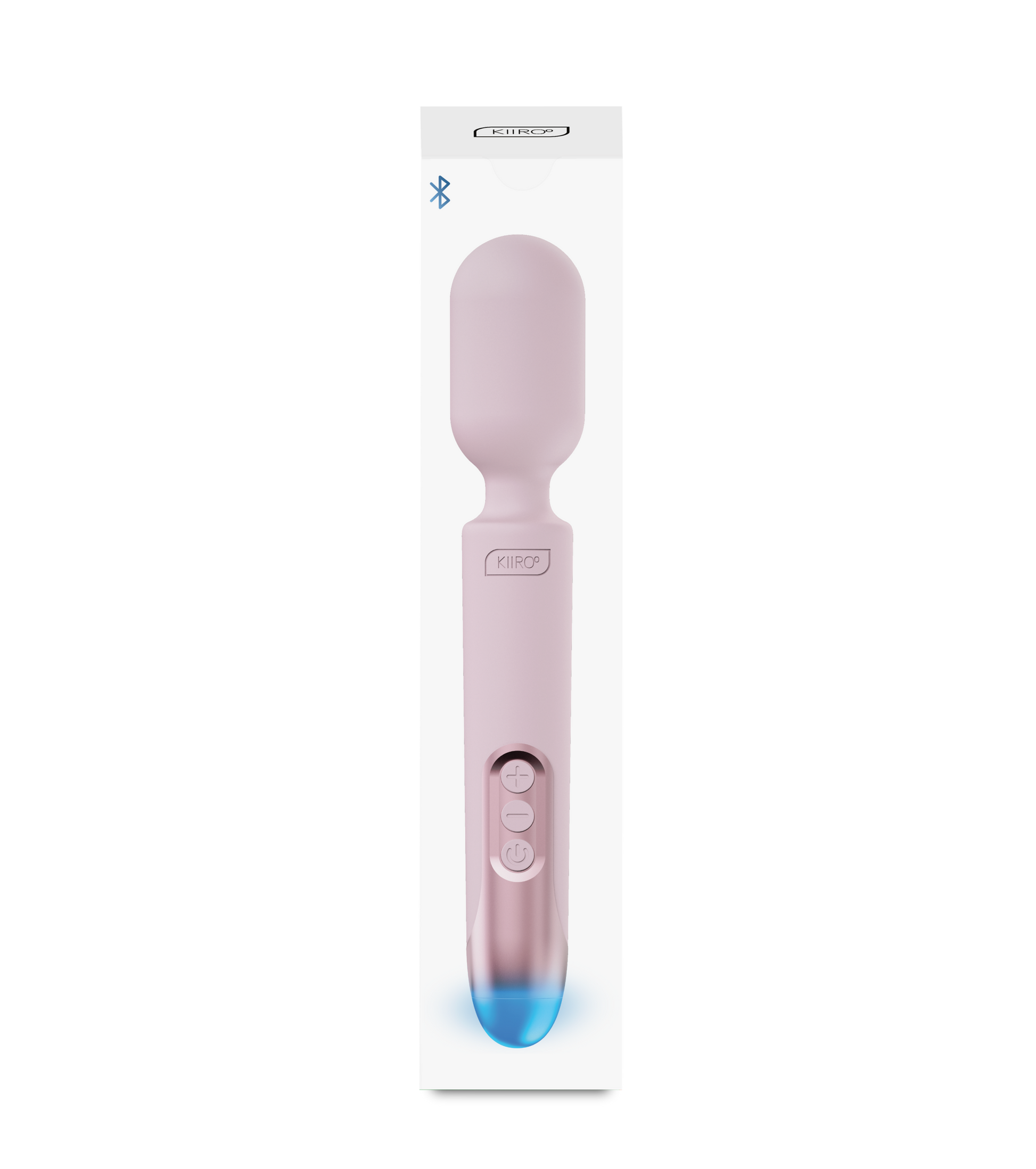 Pink silicone wand vibrator with blue light and control buttons.