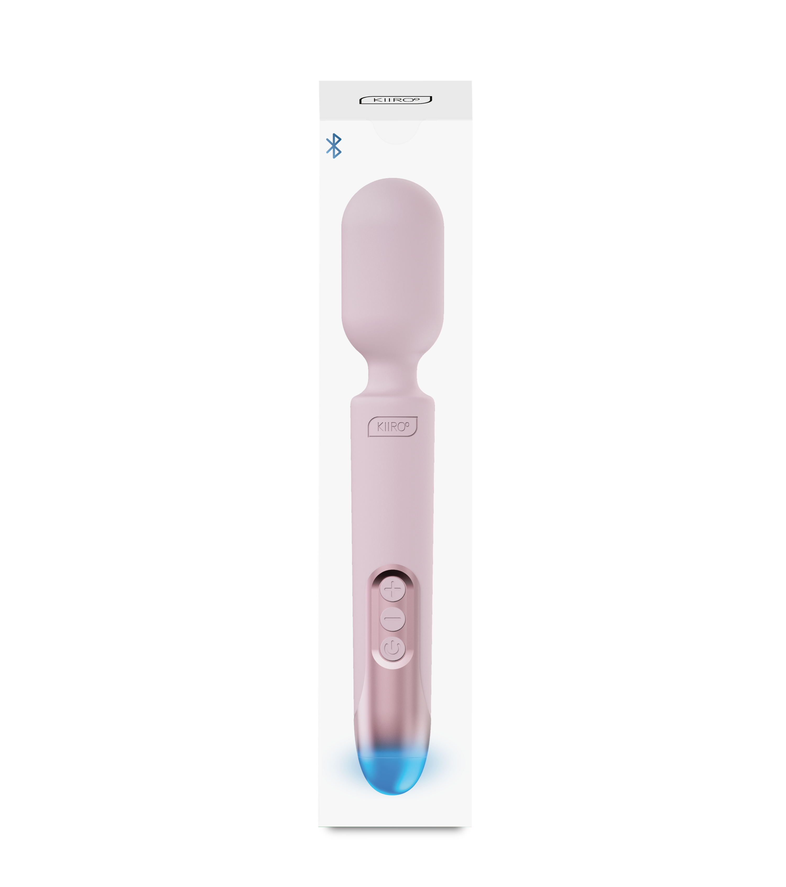 Pink silicone wand vibrator with blue light and control buttons.