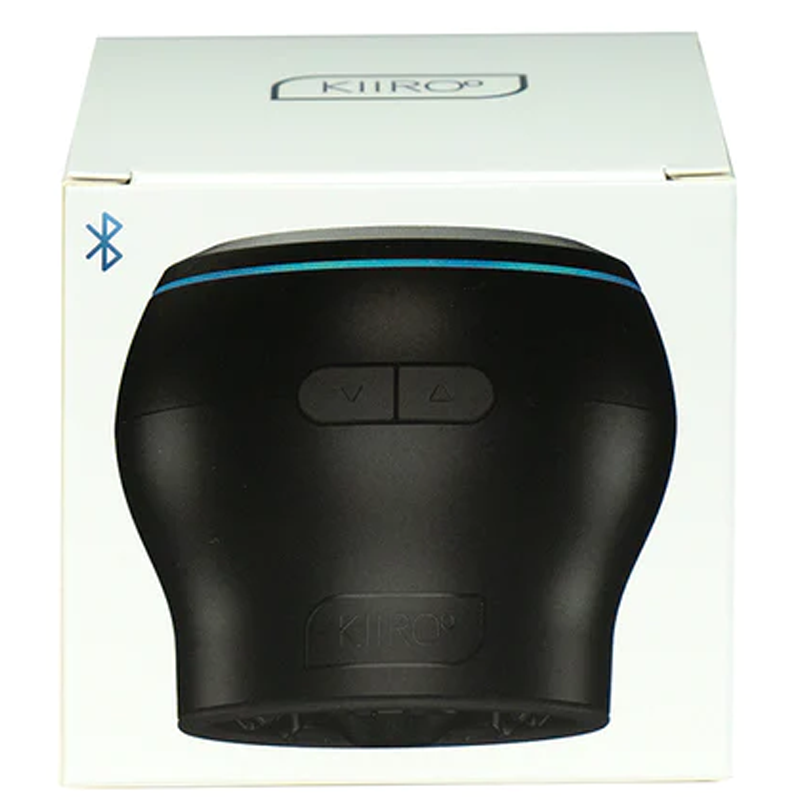 Black Kiiroo suction stroker attachment with Bluetooth and volume buttons.