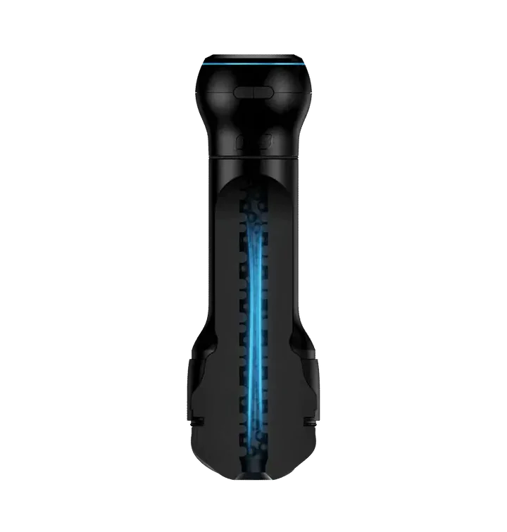 Black app-controlled suction stroker attachment with blue light inside.