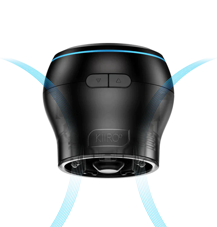 Black Kiiroo PowerBlow app-controlled suction stroker attachment with blue light accents.