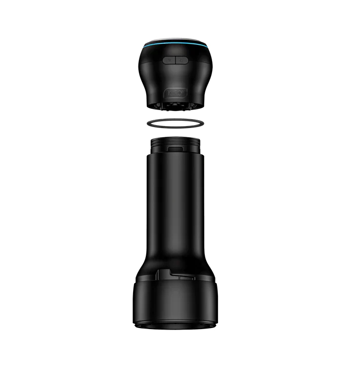 Black Kiiroo PowerBlow suction stroker attachment with blue light accents.