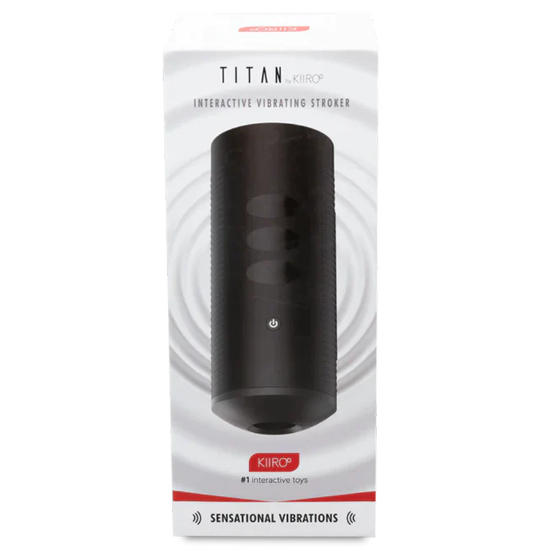 Titan Interactive Male Masturbator by Kiiroo, a black vibrating stroker.