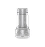 Transparent male masturbator with ribbed interior and compact design.