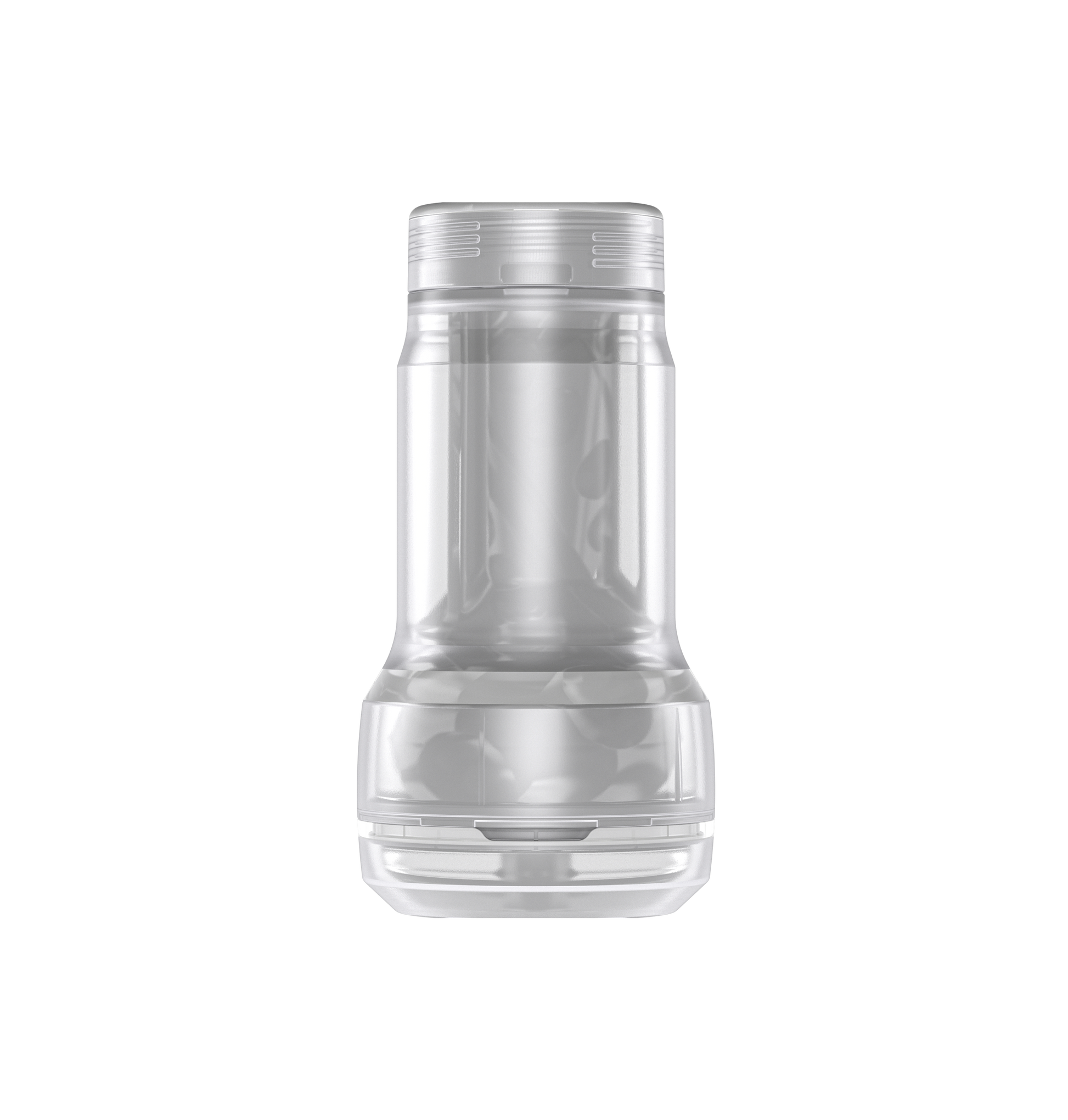 Transparent male masturbator with ribbed interior and compact design.