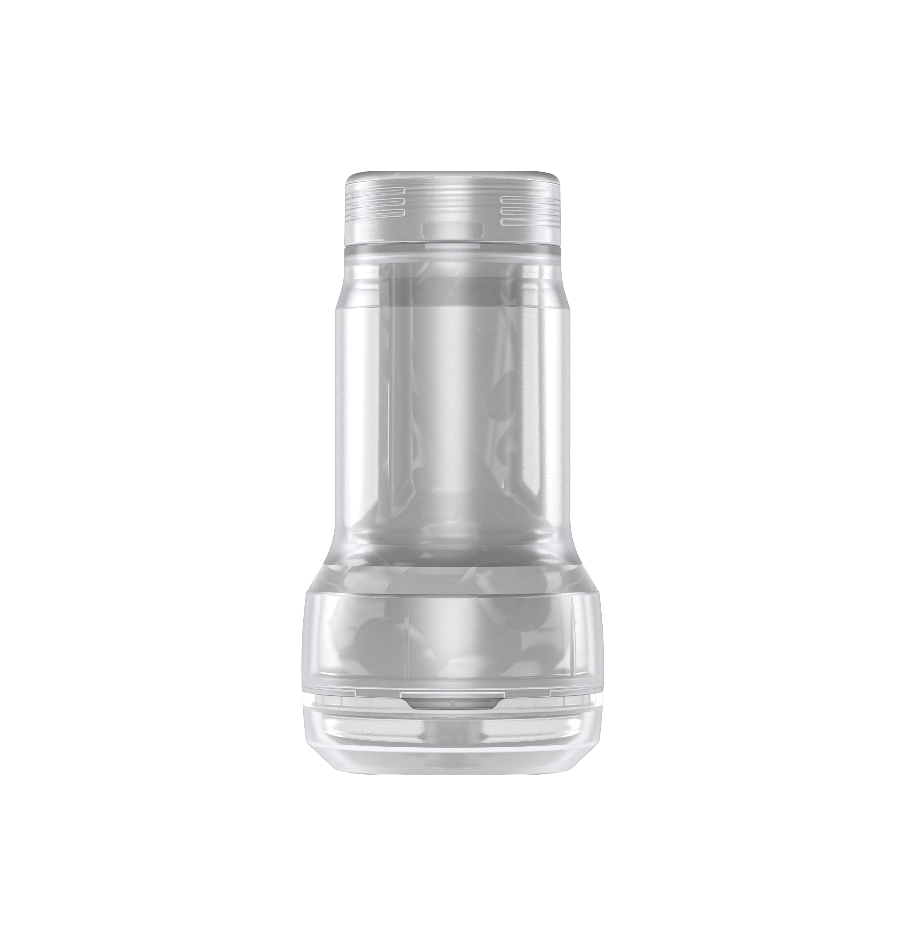 Transparent male masturbator with ribbed interior and compact design.