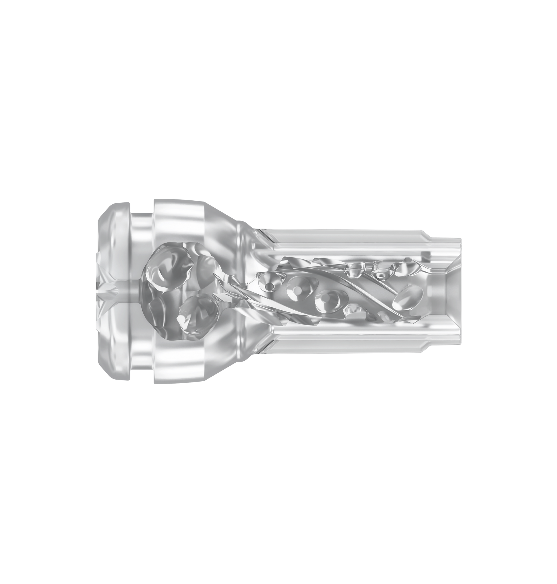 Transparent male masturbator with internal ribbed texture.